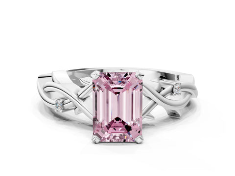 White gold Fancy Pink Emerald Cut Diamond Solitaire Ring with Twisted Band and Prong Setting_337