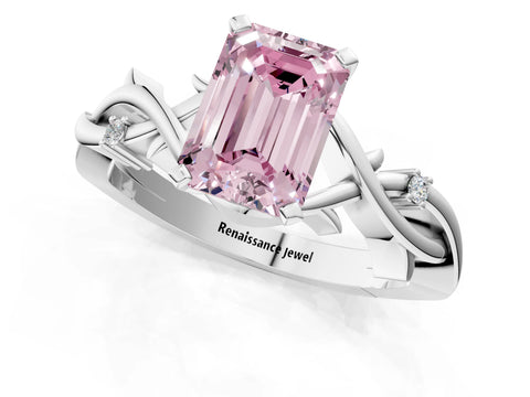 White gold Fancy Pink Emerald Cut Diamond Solitaire Ring with Twisted Band and Prong Setting_338