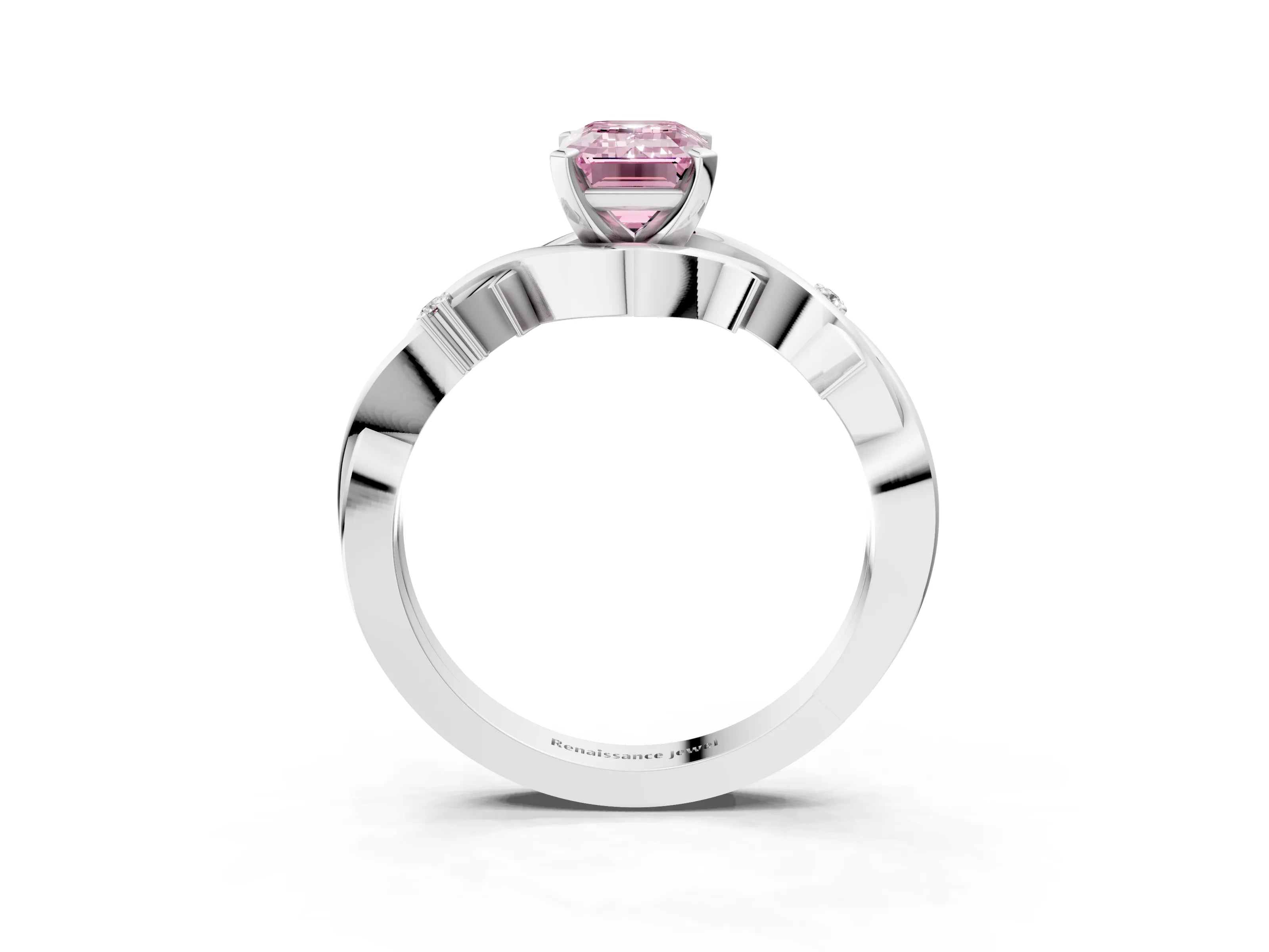 White gold Fancy Pink Emerald Cut Diamond Solitaire Ring with Twisted Band and Prong Setting_340