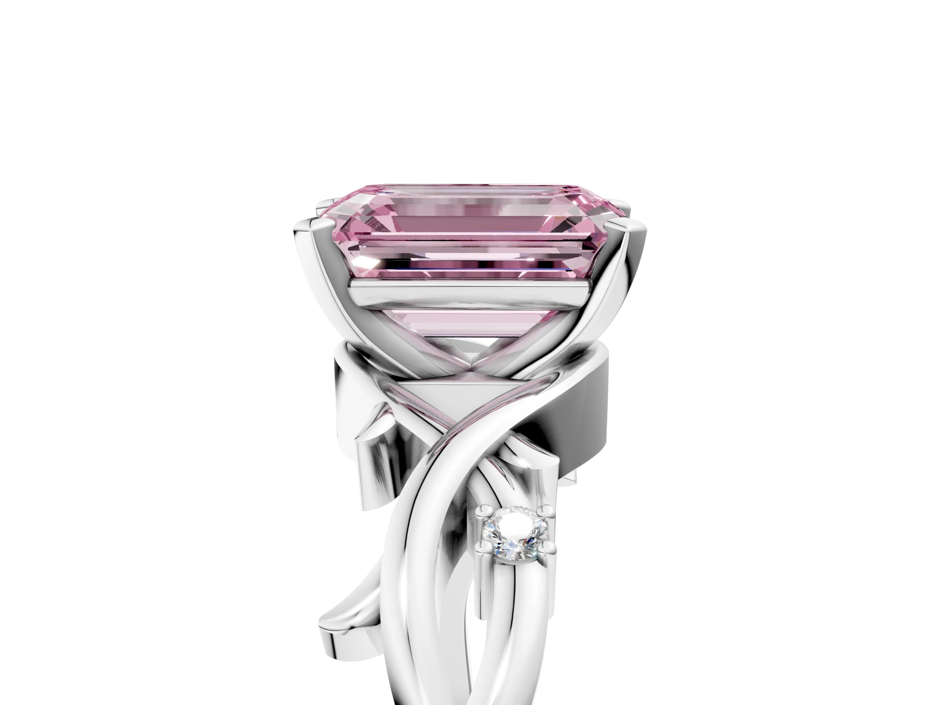 White gold Fancy Pink Emerald Cut Diamond Solitaire Ring with Twisted Band and Prong Setting_342