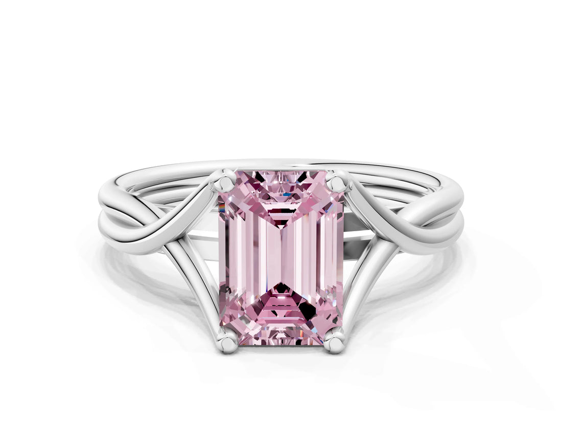 White gold Fancy Pink Emerald Cut Diamond Solitaire Twist Band Prong Setting Ring_91