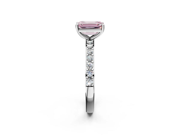 White gold Fancy Pink Emerald  Cut Diamond Solitaire with Pave Band and Four-Prong Setting