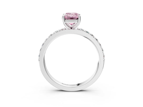 White gold Fancy Pink Emerald  Cut Diamond Solitaire with Pave Band and Four-Prong Setting