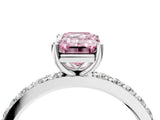 White gold Fancy Pink Emerald  Cut Diamond Solitaire with Pave Band and Four-Prong Setting 4