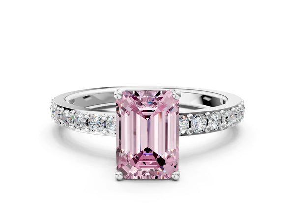 White gold Fancy Pink Emerald  Cut Diamond Solitaire with Pave Band and Four-Prong Setting