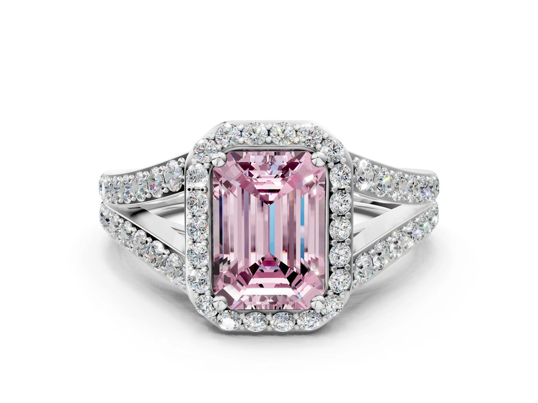 White gold Fancy Pink Emerald Cut Diamond Split Shank Halo Ring with Four-Prong Setting_118