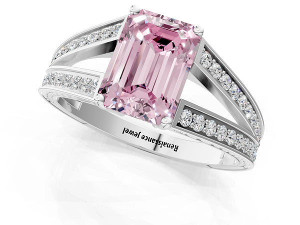 Platinum Emerald Cut Pave Split Shank Engagement Ring Setting for Fancy Pink Center