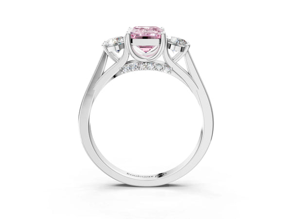White gold Fancy Pink Emerald Cut Diamond Three-Stone Engagement Ring with Prong Setting and Pavé Band