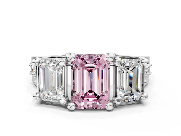 Platinum Emerald Cut Three Stone Pave Engagement Ring Setting for Fancy Pink Center with Near-Equal Side Stones
