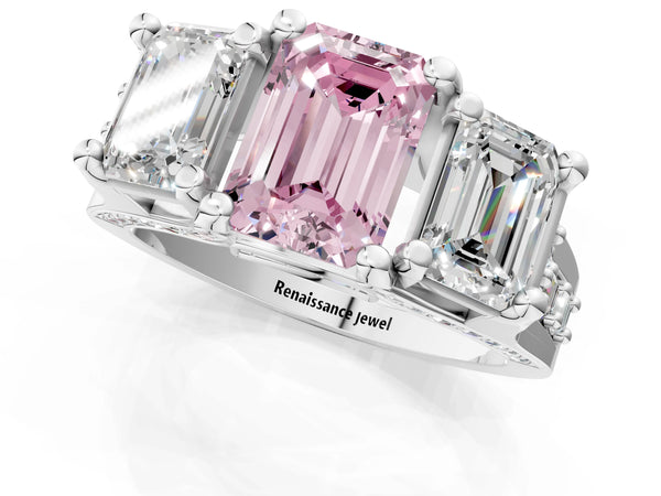 Platinum Emerald Cut Three Stone Pave Engagement Ring Setting for Fancy Pink Center with Near-Equal Side Stones