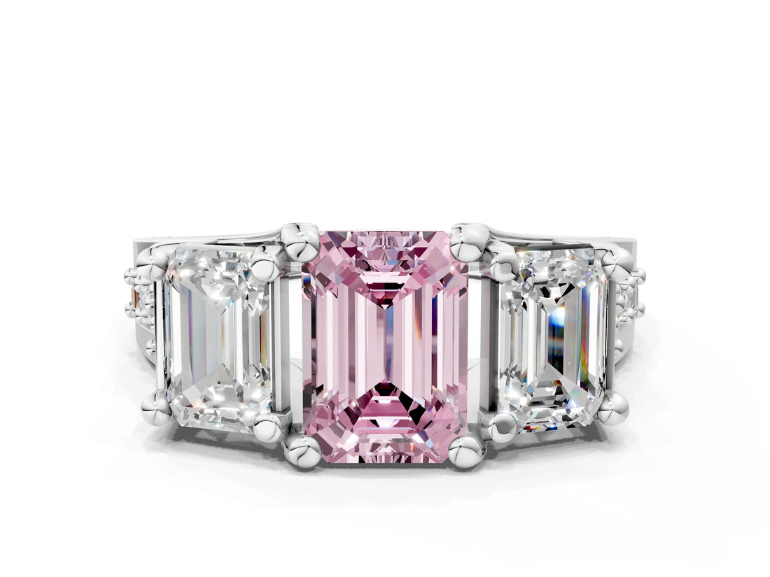 White gold Fancy Pink Emerald Cut Diamond Three-Stone Ring with Channel Set Band and Four-Prong Setting_65