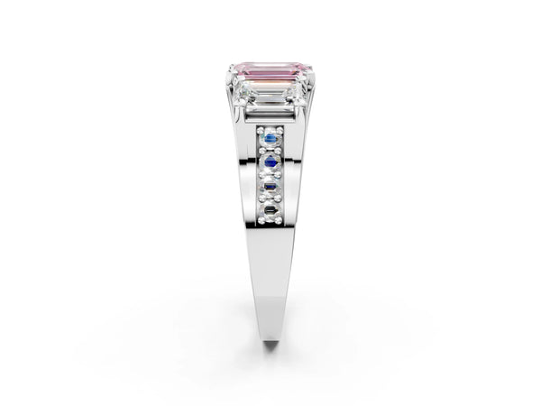 Platinum Emerald Cut Three Stone Pave Engagement Ring Setting for Fancy Pink Center with Near-Equal Side Stones