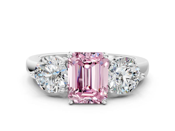 Platinum Fancy Pink Emerald Cut Diamond Three-Stone Ring with Prong Setting and Classic Band