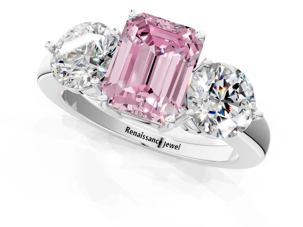 Platinum Fancy Pink Emerald Cut Diamond Three-Stone Ring with Prong Setting and Classic Band