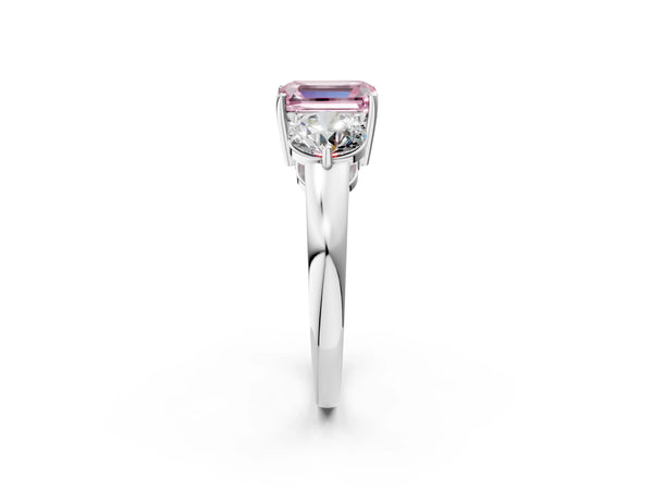 Platinum Fancy Pink Emerald Cut Diamond Three-Stone Ring with Prong Setting and Classic Band