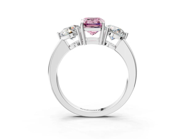 Platinum Fancy Pink Emerald Cut Diamond Three-Stone Ring with Prong Setting and Classic Band