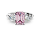 White gold Fancy Pink Emerald Cut Diamond Three-Stone Ring with Prong Setting and Pavé Band