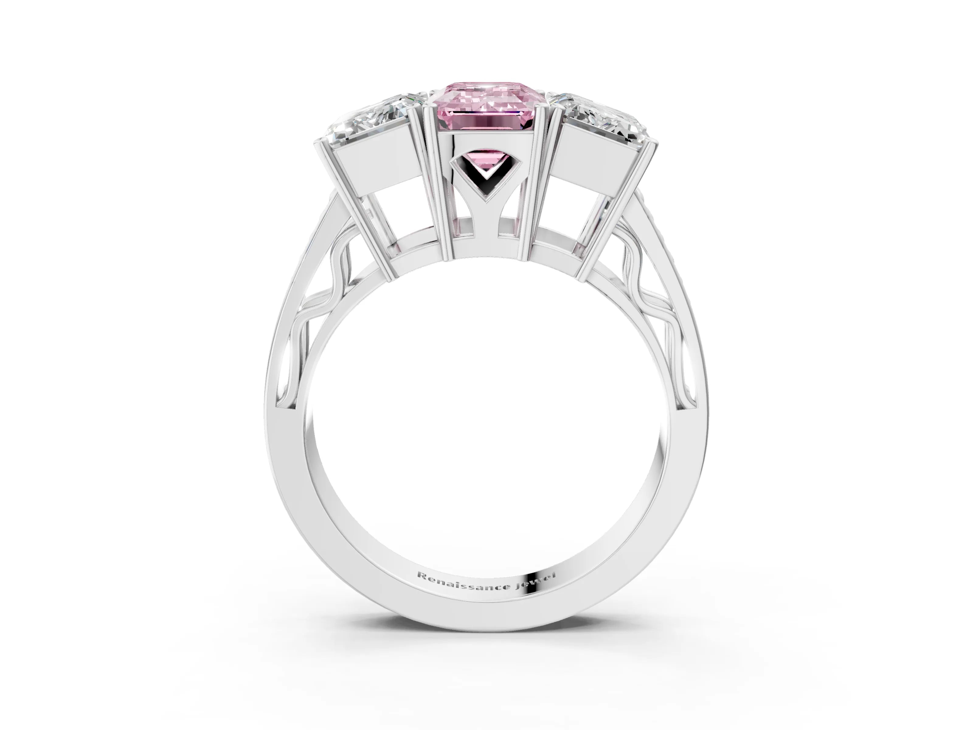 White gold Fancy Pink Emerald Cut Diamond Three-Stone Ring with Prong Setting and Textured Band_15