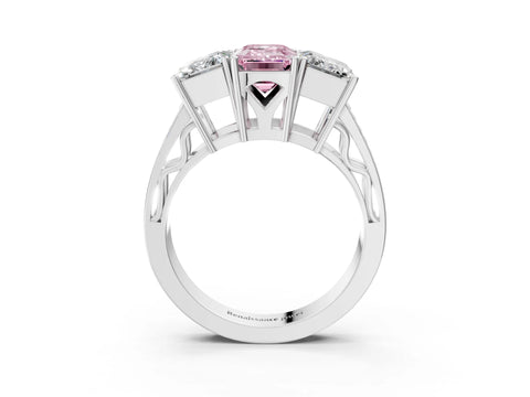 White gold Fancy Pink Emerald Cut Diamond Three-Stone Ring with Prong Setting and Textured Band_15