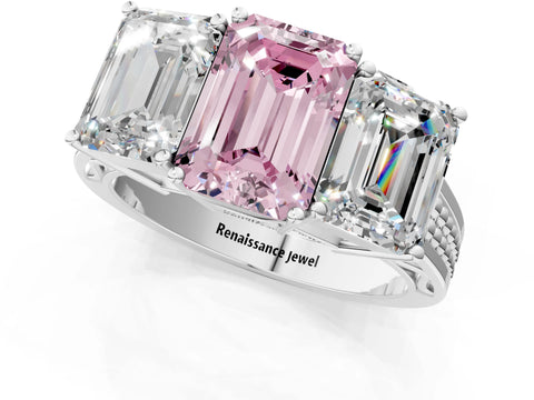 White gold Fancy Pink Emerald Cut Diamond Three-Stone Ring with Prong Setting and Textured Band_1