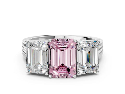 White gold Fancy Pink Emerald Cut Diamond Three-Stone Ring with Prong Setting and Textured Band_24