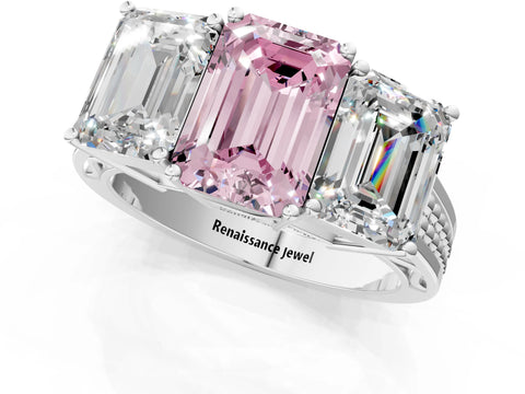 White gold Fancy Pink Emerald Cut Diamond Three-Stone Ring with Prong Setting and Textured Band_25
