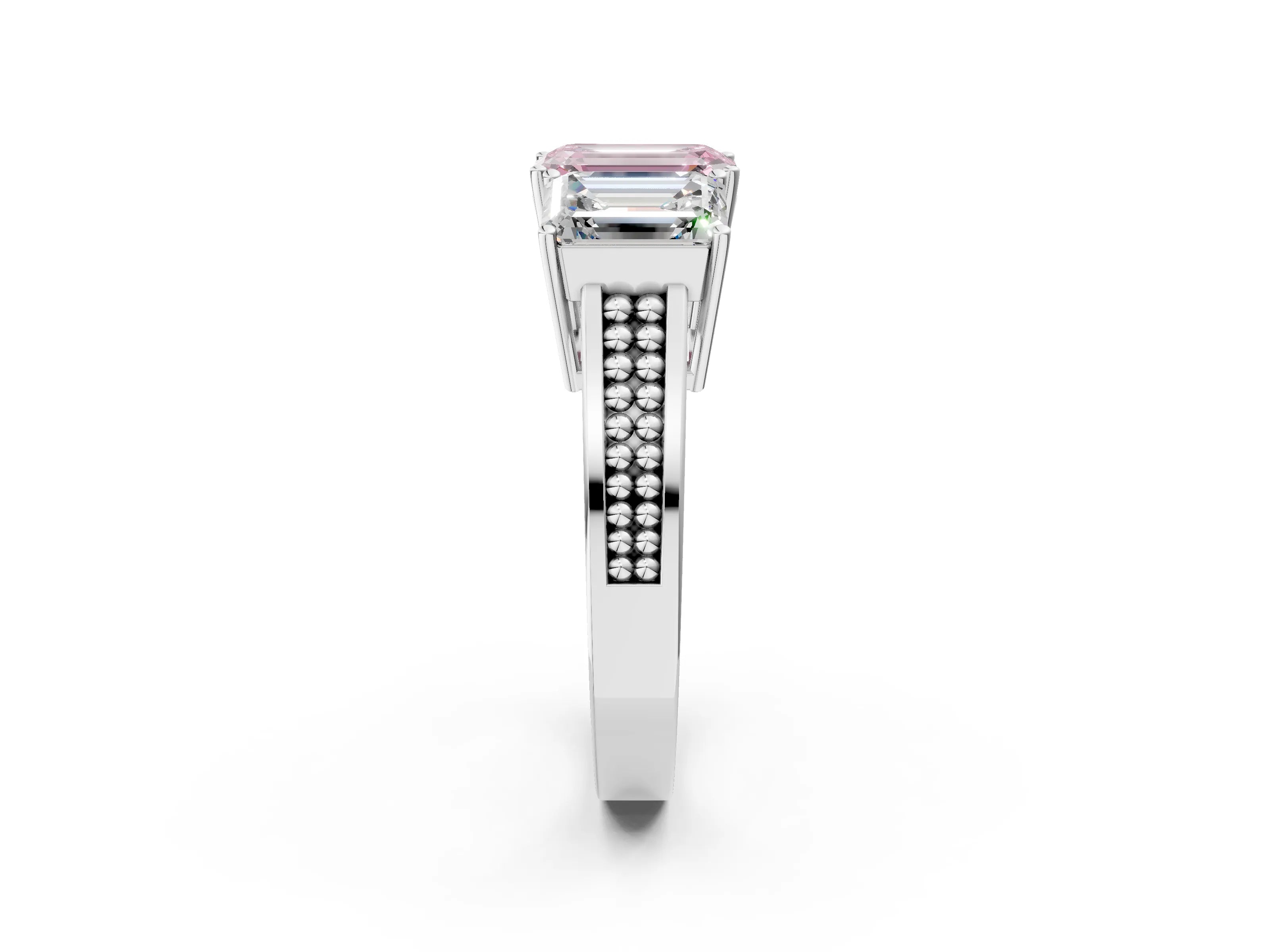White gold Fancy Pink Emerald Cut Diamond Three-Stone Ring with Prong Setting and Textured Band_26