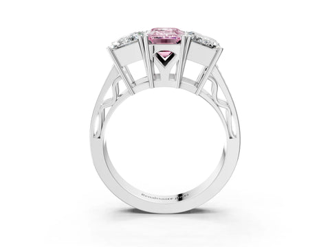 White gold Fancy Pink Emerald Cut Diamond Three-Stone Ring with Prong Setting and Textured Band_27