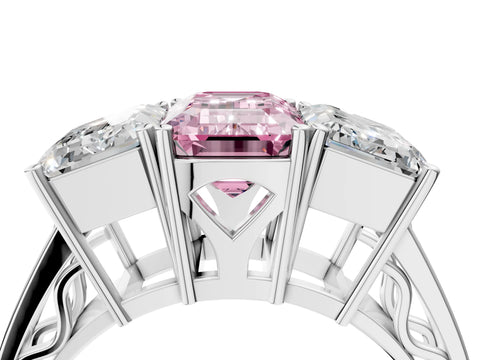 White gold Fancy Pink Emerald Cut Diamond Three-Stone Ring with Prong Setting and Textured Band_28