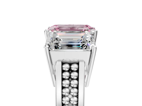 White gold Fancy Pink Emerald Cut Diamond Three-Stone Ring with Prong Setting and Textured Band_29