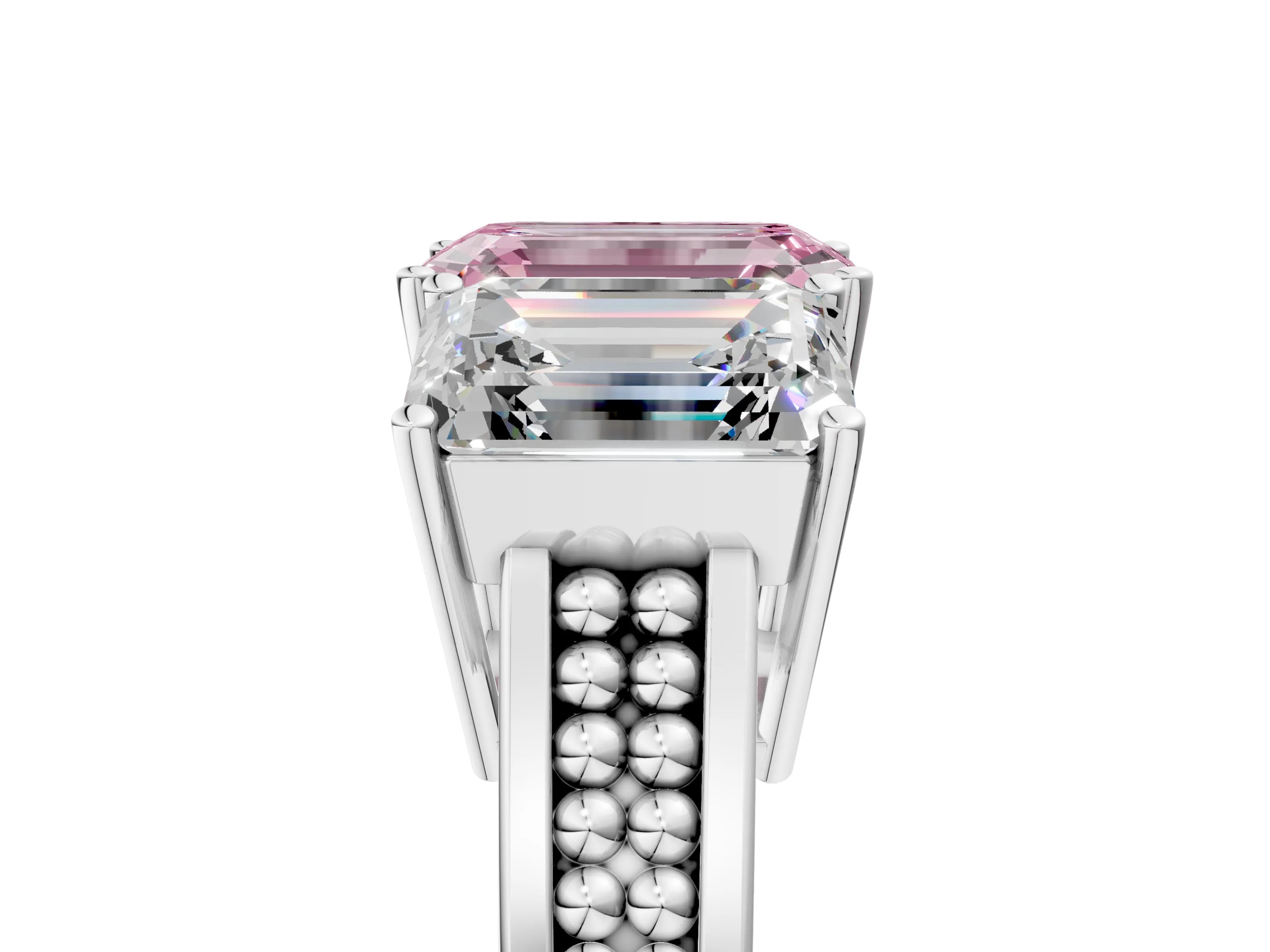 White gold Fancy Pink Emerald Cut Diamond Three-Stone Ring with Prong Setting and Textured Band_29