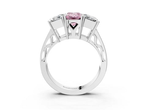 White gold Fancy Pink Emerald Cut Diamond Three-Stone Ring with Prong Setting and Textured Band_3