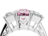 White gold Fancy Pink Emerald Cut Diamond Three-Stone Ring with Prong Setting and Textured Band_4