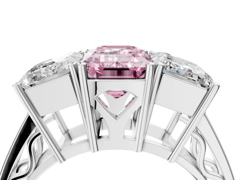 White gold Fancy Pink Emerald Cut Diamond Three-Stone Ring with Prong Setting and Textured Band_4