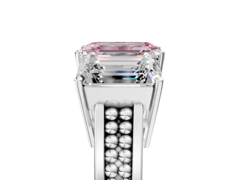 White gold Fancy Pink Emerald Cut Diamond Three-Stone Ring with Prong Setting and Textured Band_5