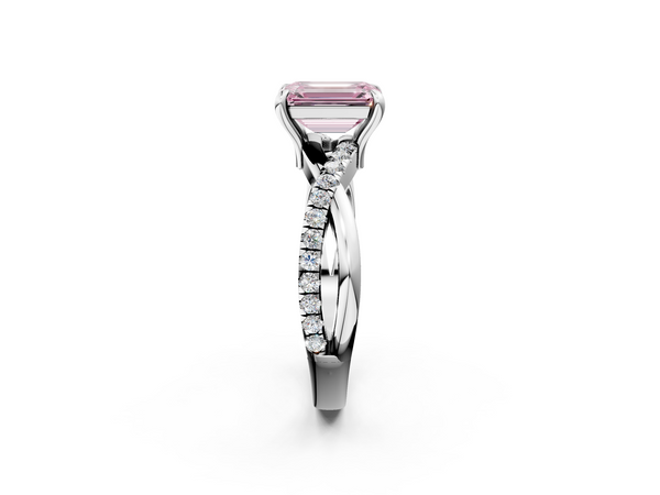 White gold Fancy Pink Emerald  Cut Diamond Twist Band Solitaire with Prong Setting