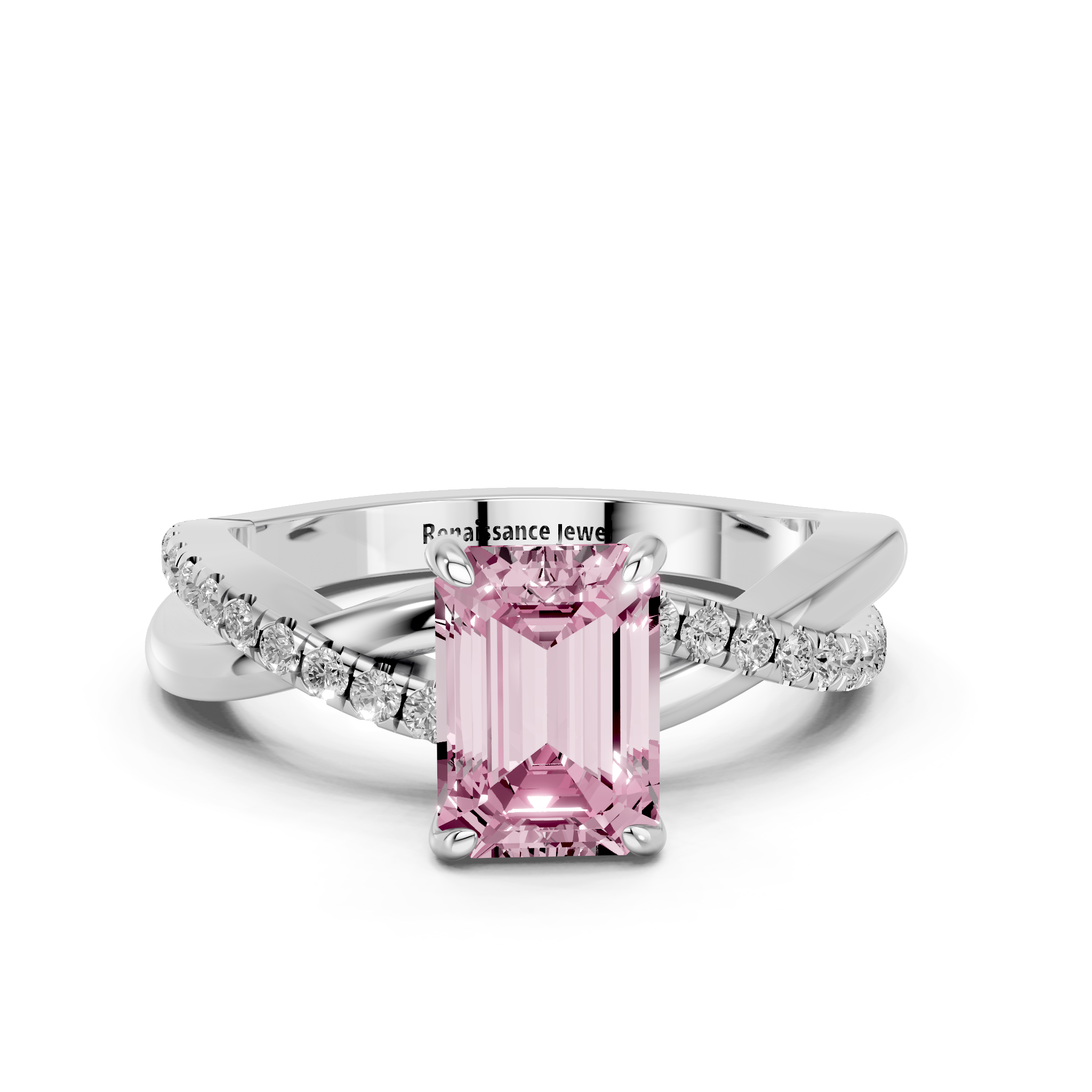 White gold Fancy Pink Emerald  Cut Diamond Twist Band Solitaire with Prong Setting_3