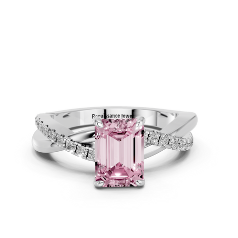 White gold Fancy Pink Emerald  Cut Diamond Twist Band Solitaire with Prong Setting_3