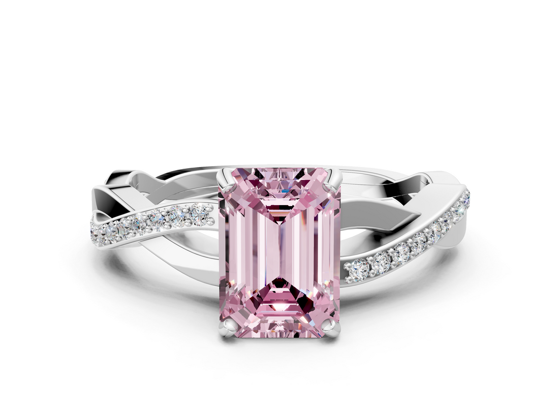 White gold Fancy Pink Emerald  Cut Diamond Twisted Band Engagement Ring with Prong Setting_3