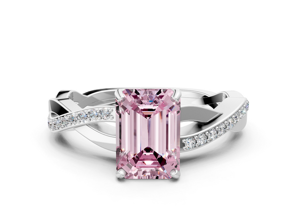 White gold Fancy Pink Emerald  Cut Diamond Twisted Band Engagement Ring with Prong Setting