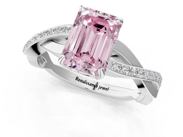 White gold Fancy Pink Emerald  Cut Diamond Twisted Band Engagement Ring with Prong Setting