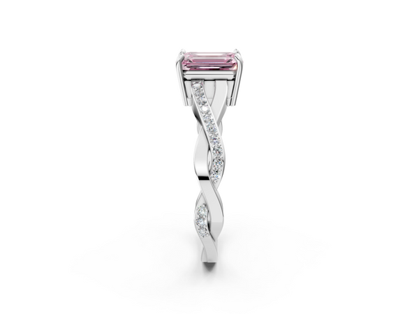 White gold Fancy Pink Emerald  Cut Diamond Twisted Band Engagement Ring with Prong Setting