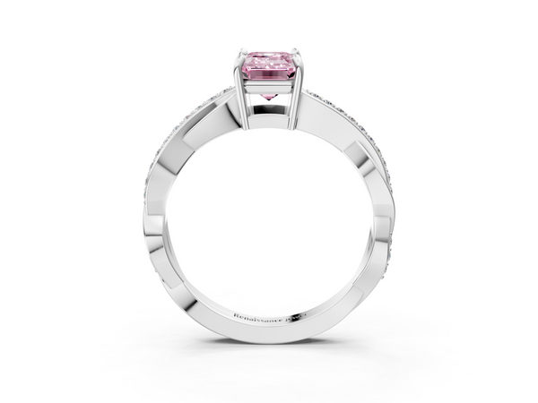 White gold Fancy Pink Emerald  Cut Diamond Twisted Band Engagement Ring with Prong Setting