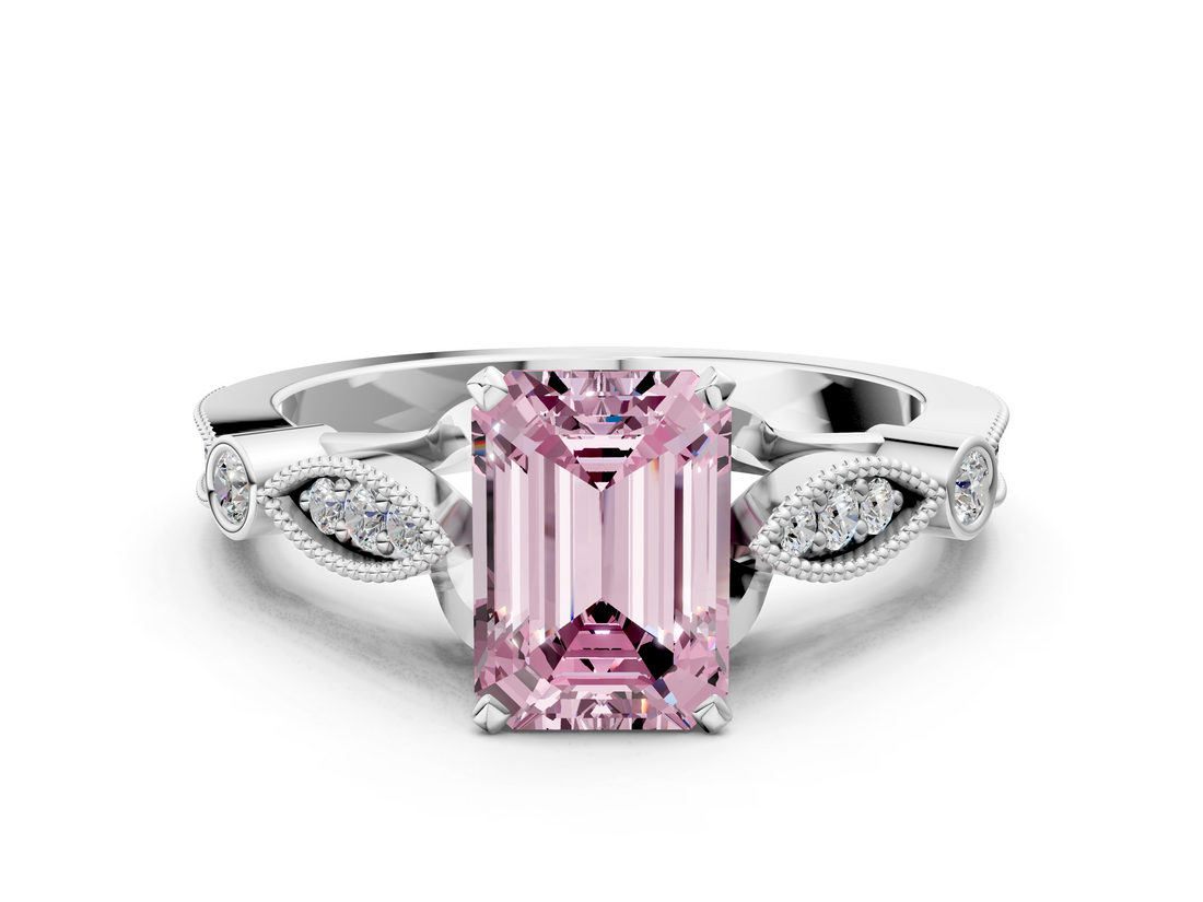 White gold Fancy Pink Emerald  Cut Diamond with Milgrain Marquise and Bezel Accents on a Solitaire Band with Prong Setting_190