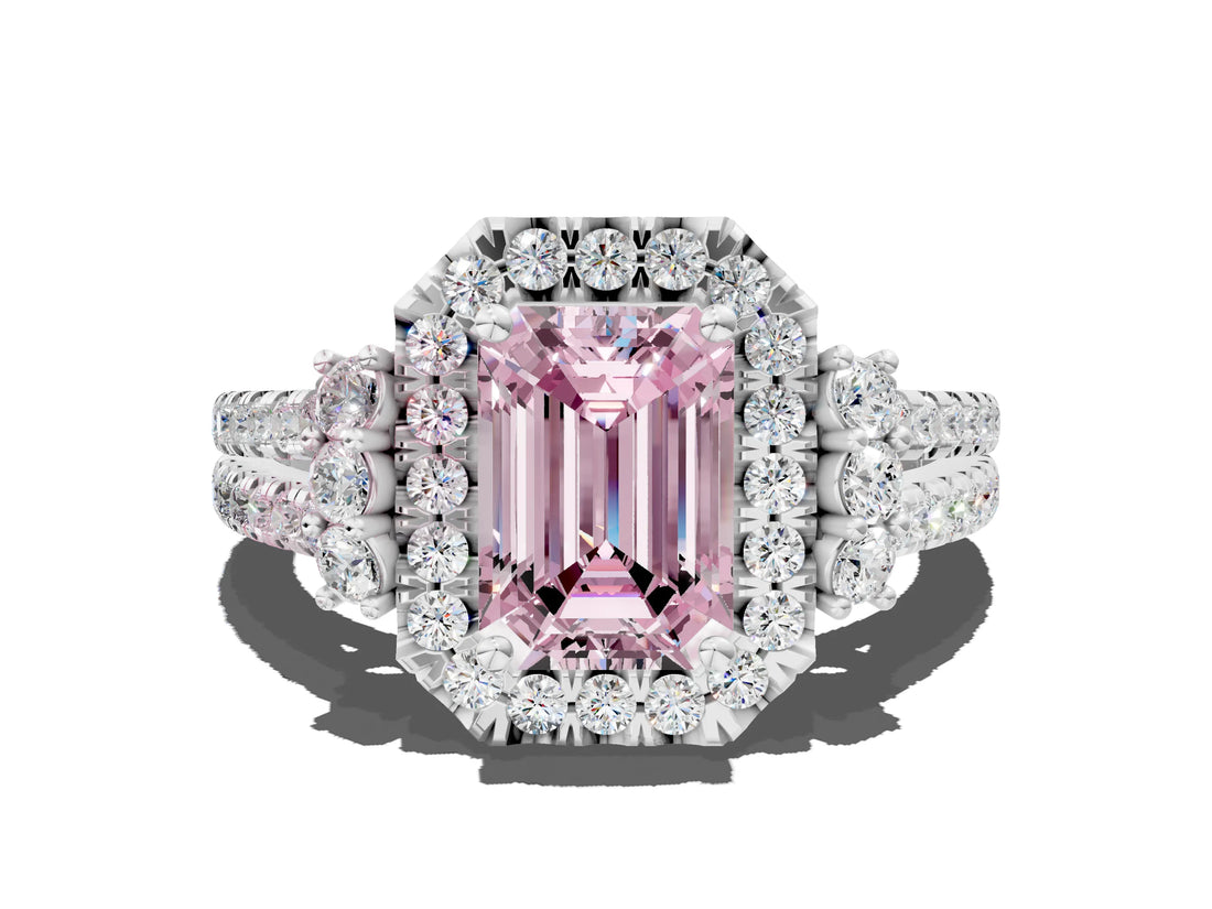 White gold Fancy Pink Emerald  Cut Double Halo Diamond Engagement Ring with Pave Band and Four-Prong Setting_93