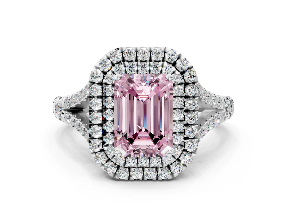White gold Fancy Pink Emerald  Cut Double Halo Split Shank Diamond Ring with Prong Setting_49