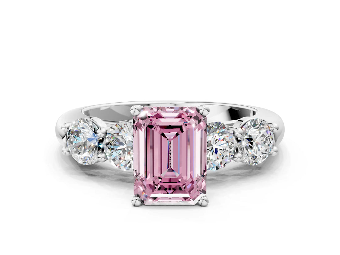 White gold Fancy Pink Emerald  Cut Five-Stone Prong Set Diamond Ring with Classic Band_32
