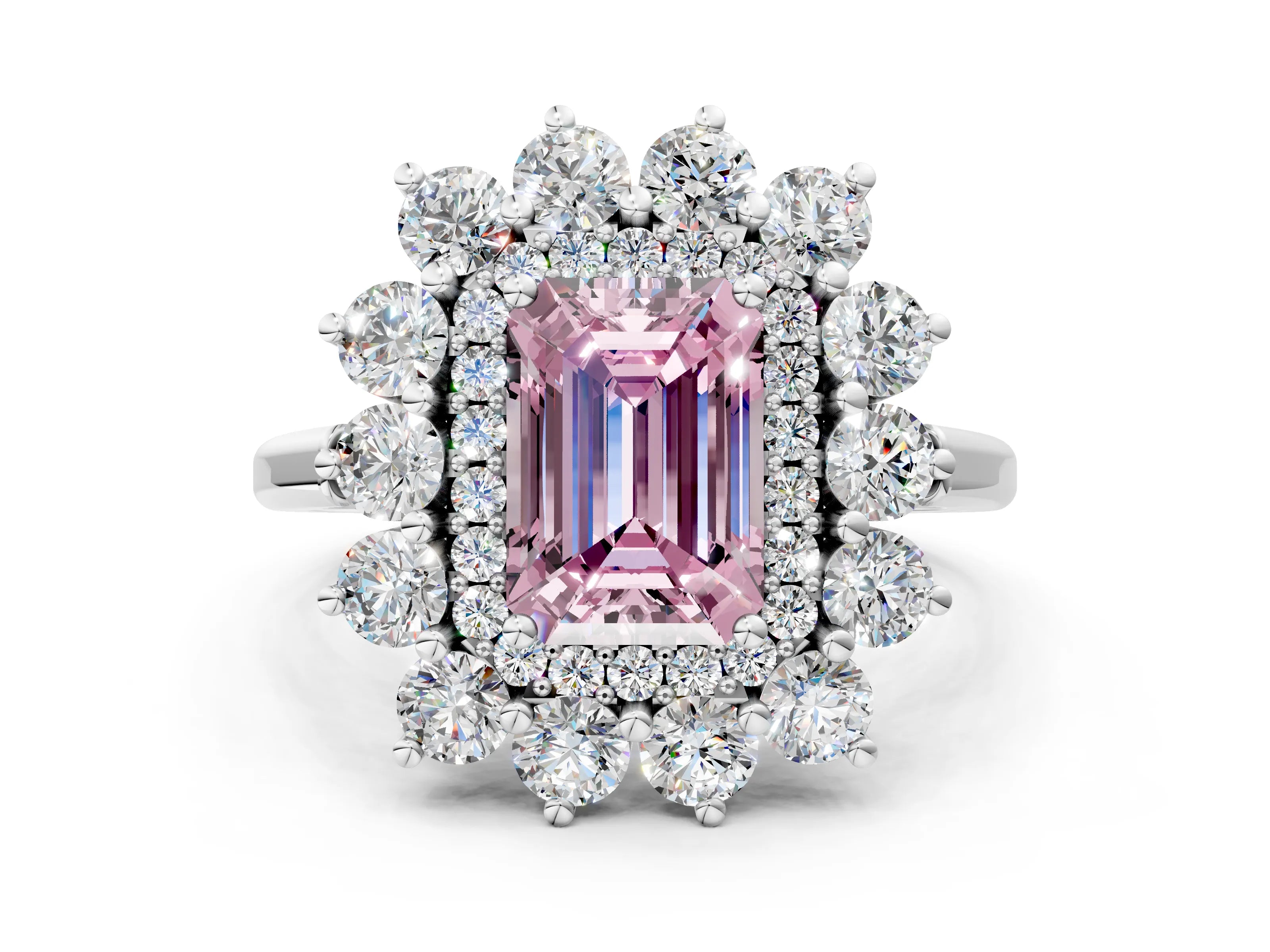 White gold Fancy Pink Emerald Cut Halo Cluster Diamond Ring with Pave Band and Four-Prong Setting_12