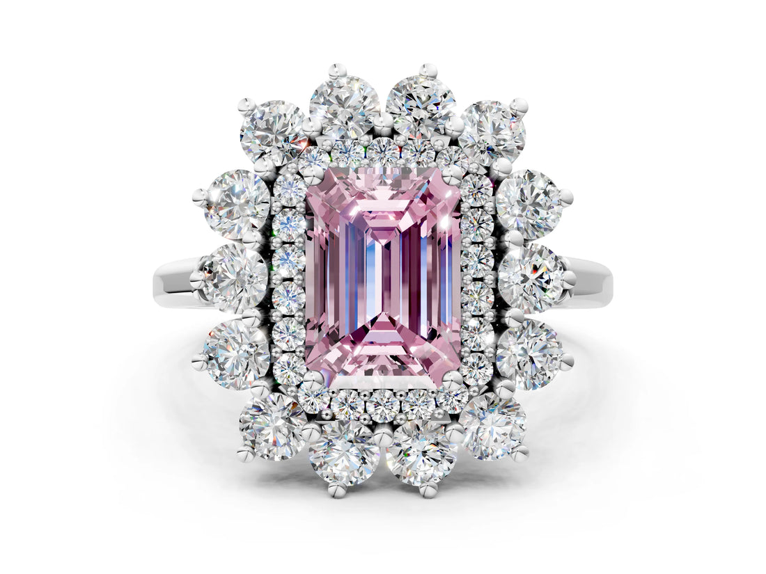 White gold Fancy Pink Emerald Cut Halo Cluster Diamond Ring with Pave Band and Four-Prong Setting_12