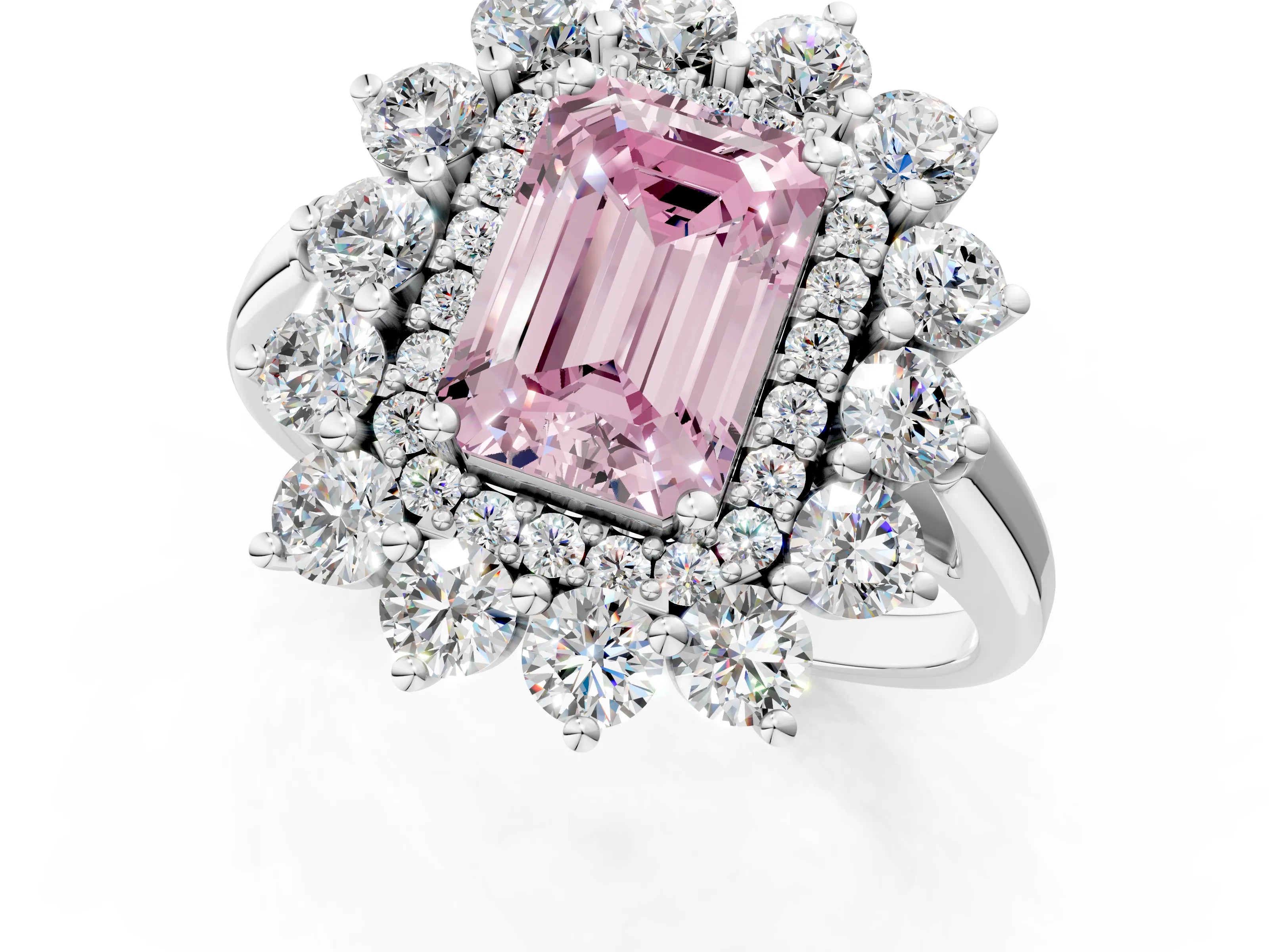 White gold Fancy Pink Emerald Cut Halo Cluster Diamond Ring with Pave Band and Four-Prong Setting_13